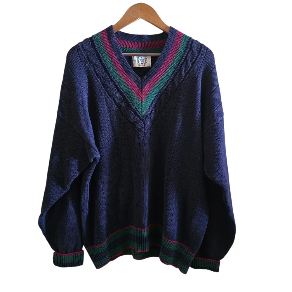 VTG Sears Roebuck & Co. Navy Cricket Sweater V-Neck Cable Knit Oversized